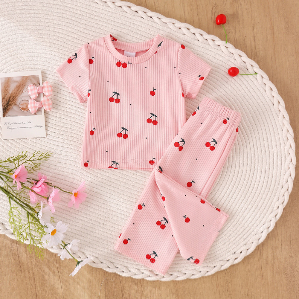 Children's clothing shein cross-border girl suit cherry pink t-shirt + pants two-piece set