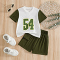 kids' summer outfit: letter print military green patchwork t-shirt and shorts set - unisex sporty two-piece