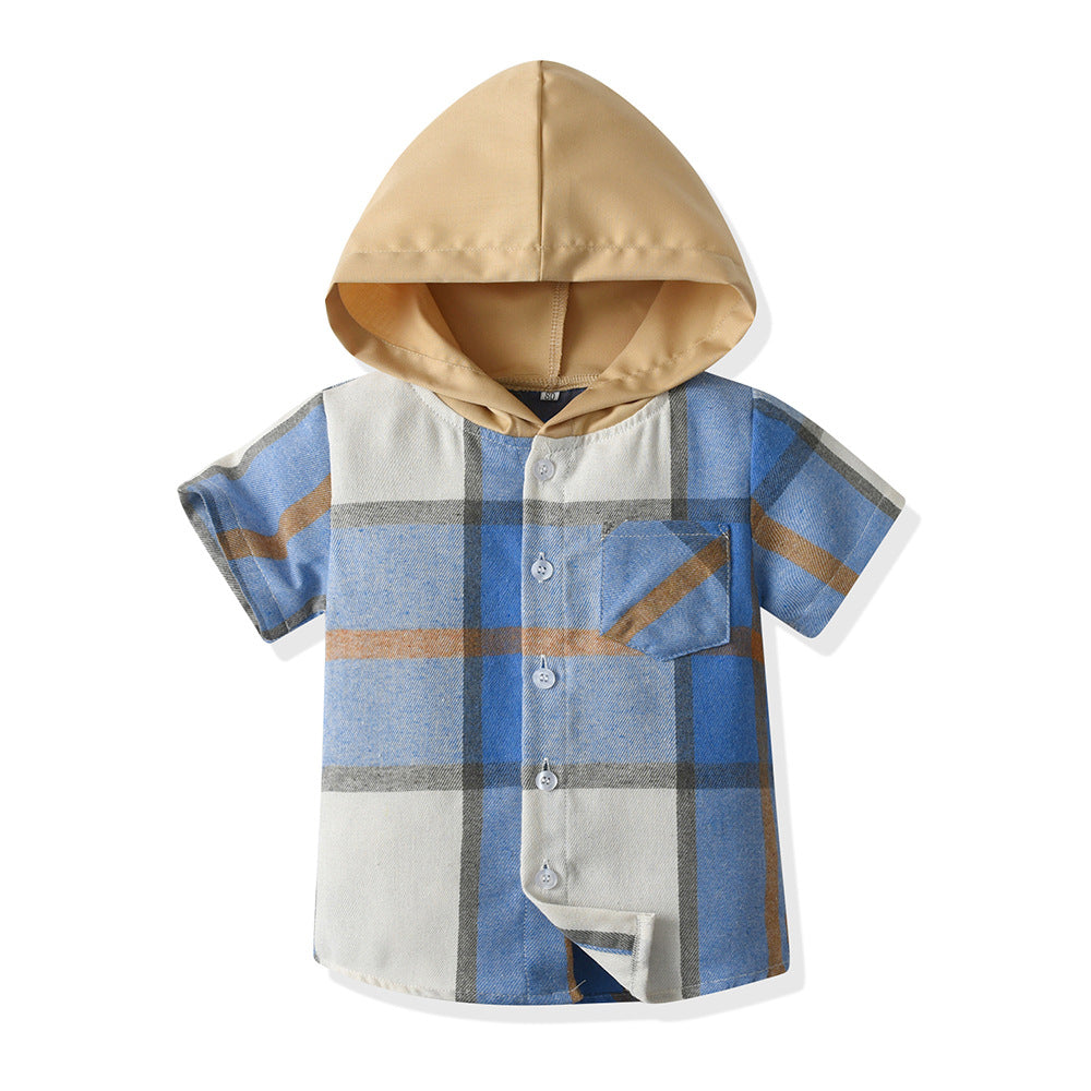 Factory boys' shirts - british style summer new arrivals - kids' casual short-sleeve plaid shirts - big & tall boys' hooded shirts - custom orders available