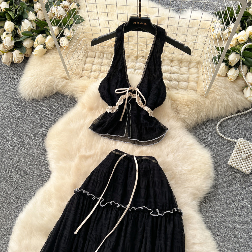 Pure desire vacation suit women's summersexyhalter neck v neckbackless chiffon topshigh waist swing skirt suit