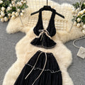 Pure desire vacation suit women's summersexyhalter neck v neckbackless chiffon topshigh waist swing skirt suit