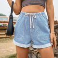 Fashion cross-border foreign trade independent station  new style lace elastic waist casual rolled hem denim shorts for women
