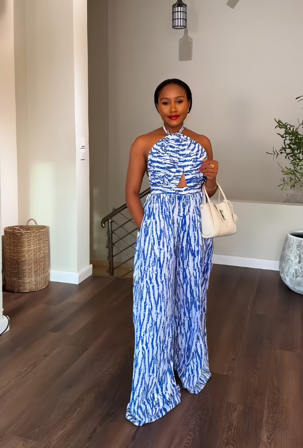 European and american cross-border women's winter  new sleeveless halter neck tie-up printed backless cinched waist wide leg jumpsuit