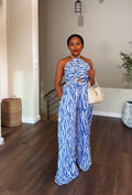 European and american cross-border women's winter  new sleeveless halter neck tie-up printed backless cinched waist wide leg jumpsuit