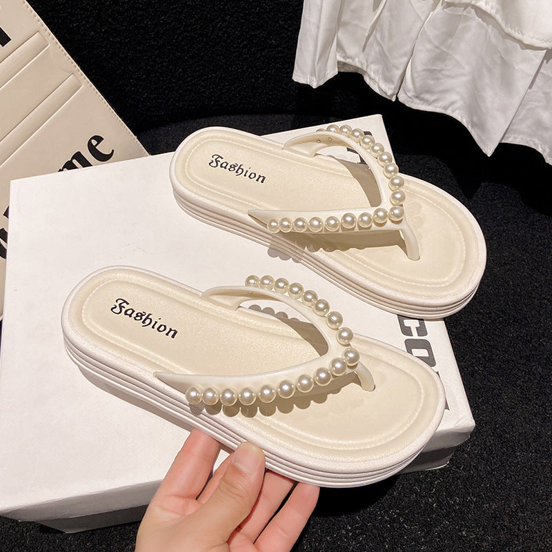 Pearl flip-flops women's summer outwear flip-flops toe sandals french low heel beach roman niche new sandals