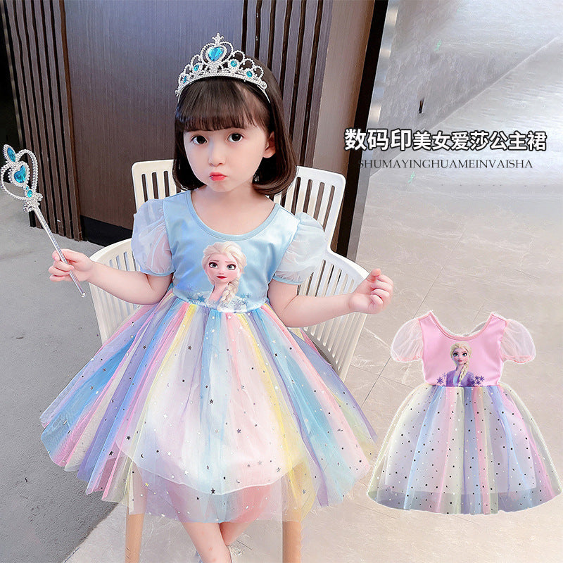 Girls' elsa princess dress - summer rainbow dress for kids - summer cotton elsa new style dress - korean style trendy baby dress