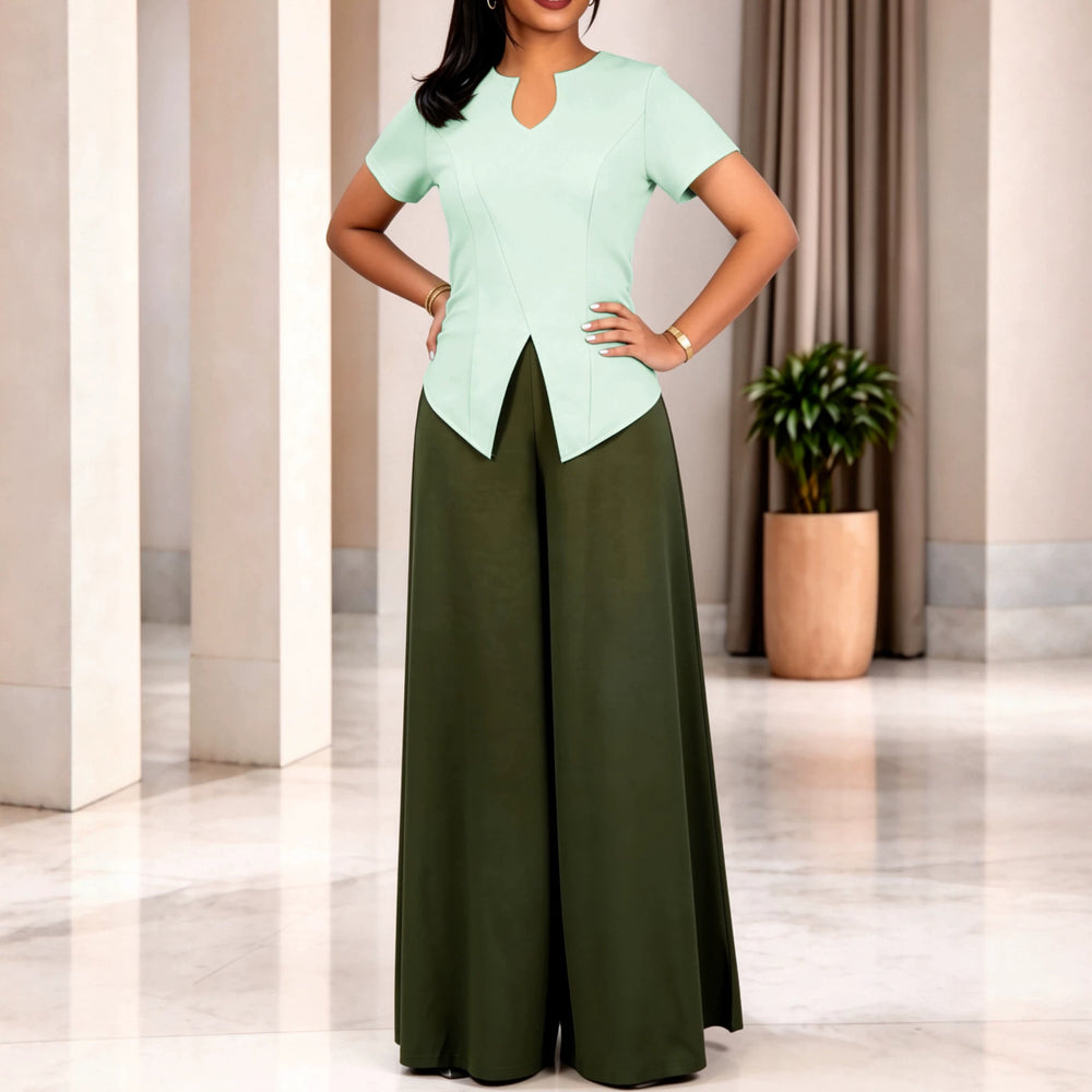 New casual two-piece set: slimming, chic, and perfect for work. solid color, cinched waist, ruffle-trimmed short sleeve top and wide-leg pants set