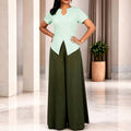 New casual two-piece set: slimming, chic, and perfect for work. solid color, cinched waist, ruffle-trimmed short sleeve top and wide-leg pants set