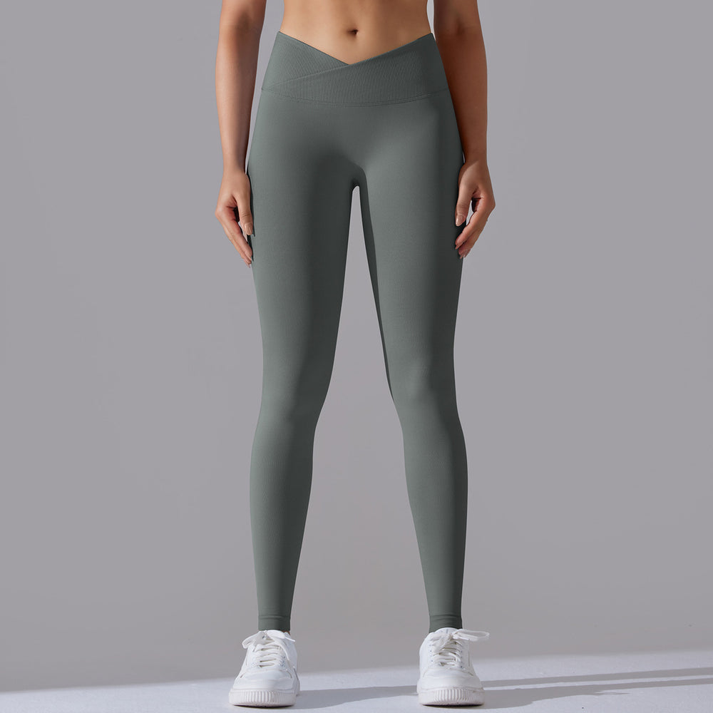 fashion seamless knitting breathable pure color cross waist peach hip yoga pants running fitness nine-point pants women