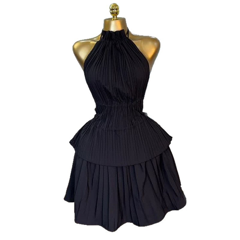 European and American  women's clothing 2025 summer new temperament fungus edge pleated halter strap-up top skirt set