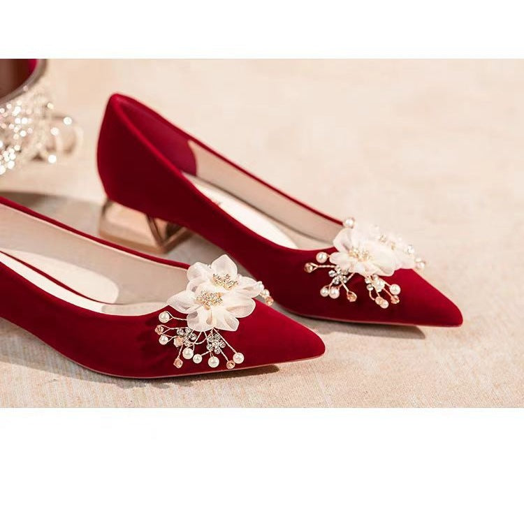 2025 new bridal shoes - red high heels, show-hé style wedding shoes, convertible pearl & floral design, perfect for wedding banquets