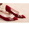2025 new bridal shoes - red high heels, show-hé style wedding shoes, convertible pearl & floral design, perfect for wedding banquets