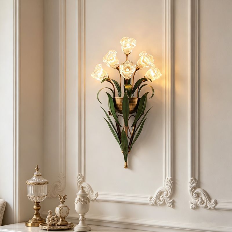 French retro wall sconce, american country style creative floral living room background wall, bedroom bedside wall lighting fixture