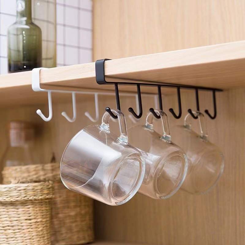 Wrought iron cabinet storage hanger multi-functional hook, wardrobe finishing rack, kitchen water cup non-marking nail-free hook 6 hooks