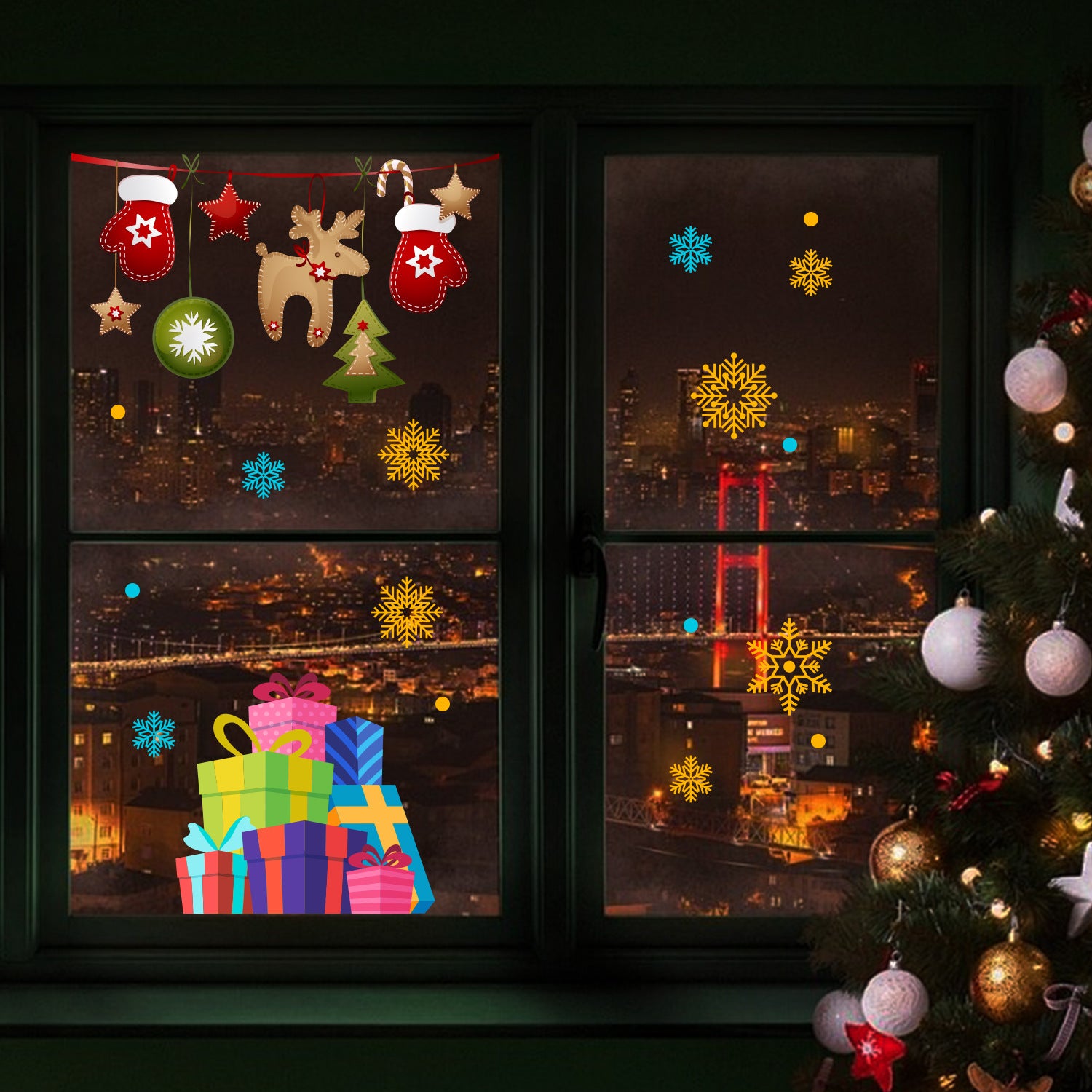 Cross-border   Christmas Day snowflake gift box sticker arrangement bedroom room living room wall sticker