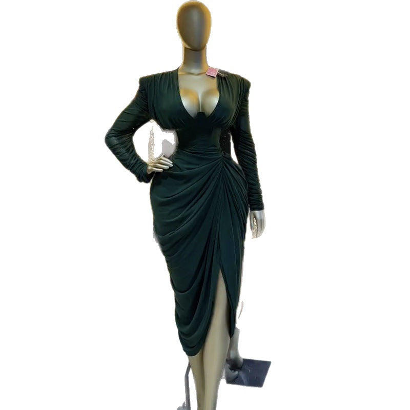 European and american cross-border women's fashion:  spring new arrivals - sexy and elegant v-neck slimming pleated midi dress