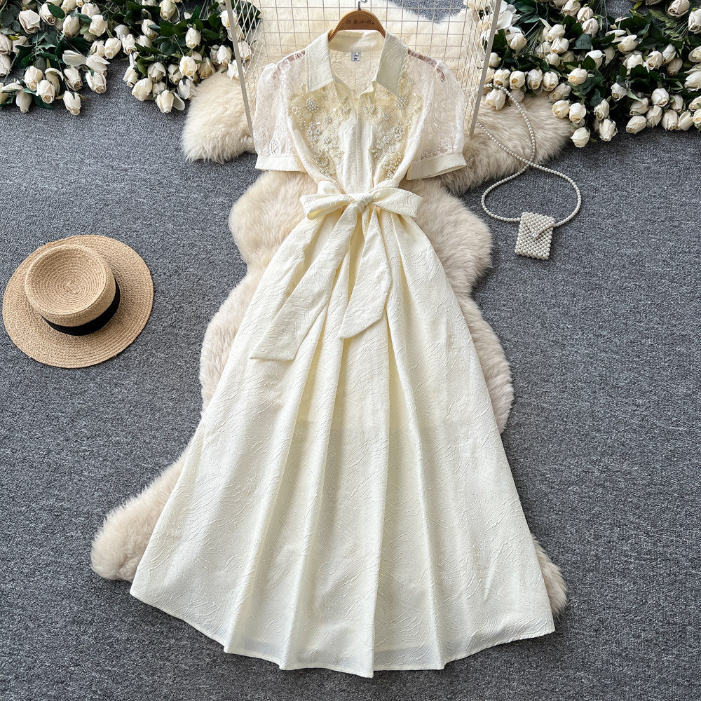 Korean style commute chic white lace elegant dress - women's summer tie-waist a-line dress - slimming and flattering