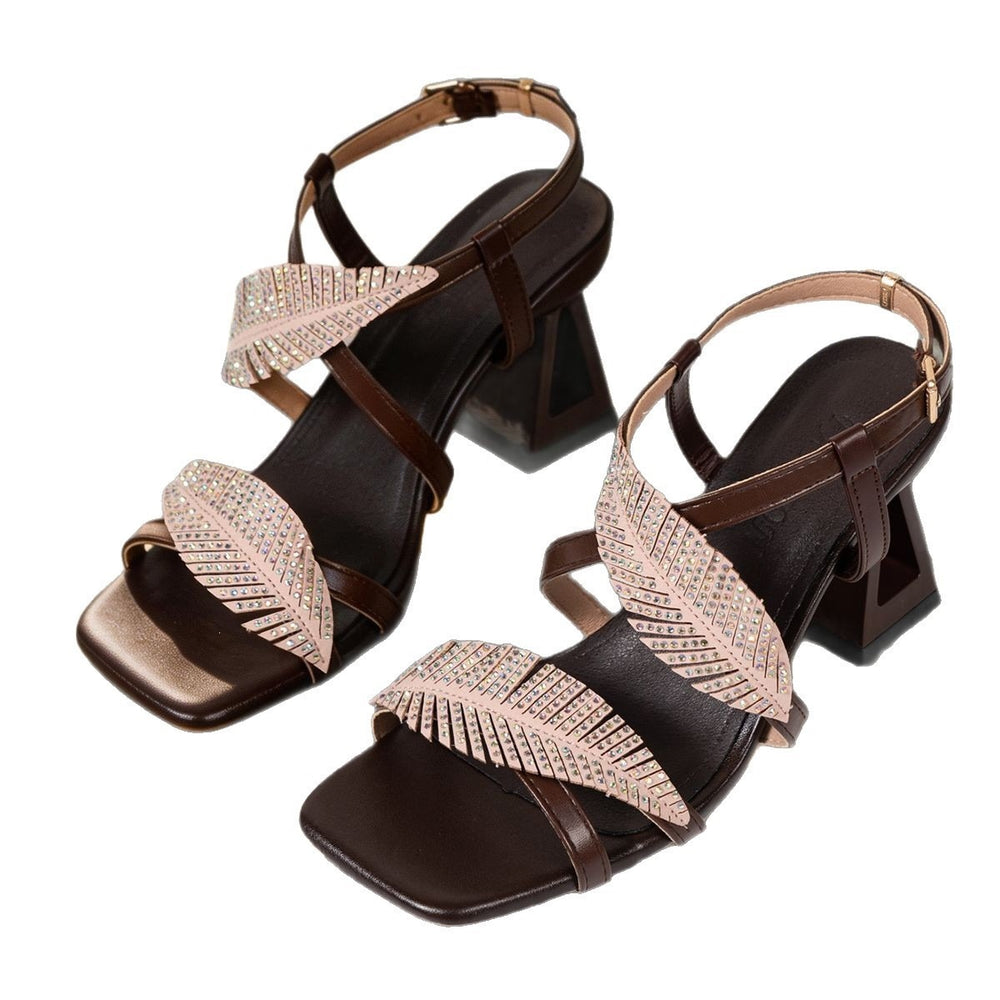 Plus size leaf-embellished heeled sandals - 2026 new summer fashion, square toe, slimming, ankle strap, chunky heel sandals