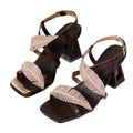Plus size leaf-embellished heeled sandals - 2026 new summer fashion, square toe, slimming, ankle strap, chunky heel sandals
