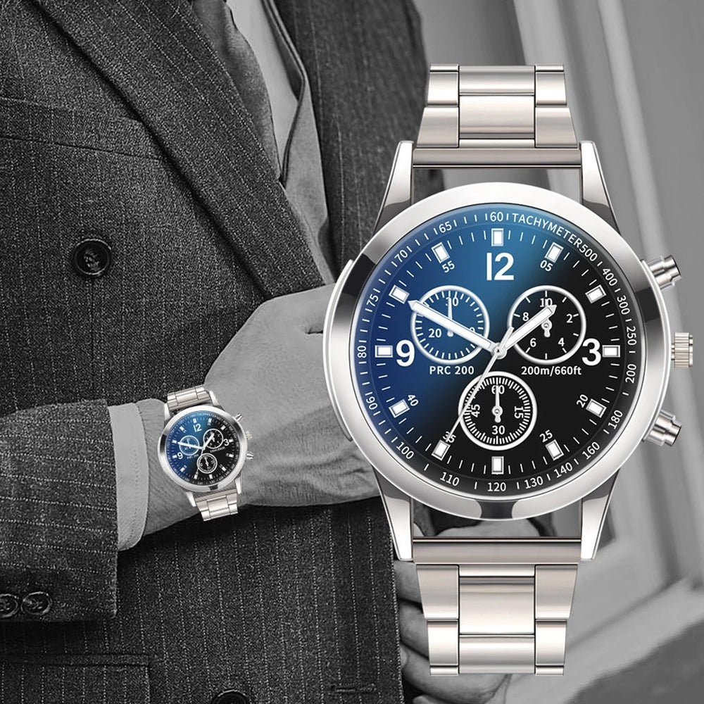Factory direct iridescent blue light glass three-eye stainless steel watch - men's quartz watch, gift, cross-border watch for men