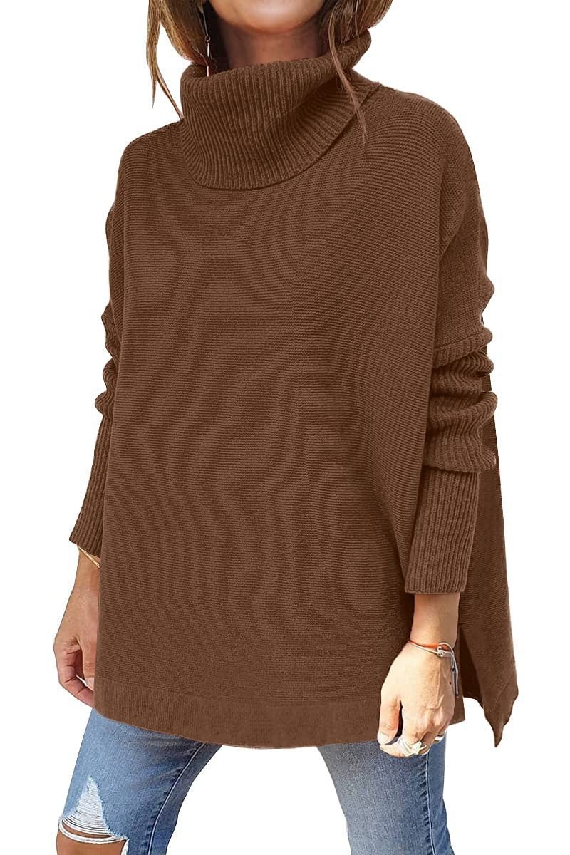 2022 amazon cross-border high neck sweater, mid-length batwing sleeve, cinched hem, pullover knit sweater for women