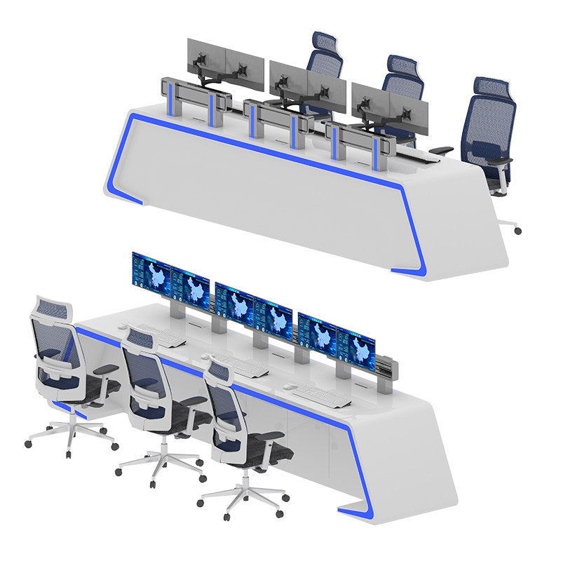 Saint li's futuristic surveillance console, command center curved control desk, central control room monitoring station, and workstation