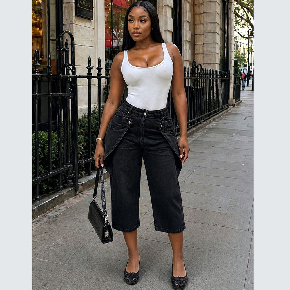 European and american style high-waisted cropped jeans - new  cross-border women's fashion with asymmetrical button design and wide leg