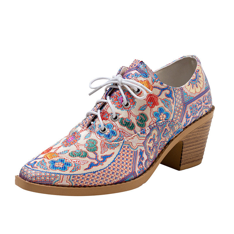 Export pointed toe printing high heel flats women autumnew arrivaltie back cross-border plus size thick heel professional flats 43