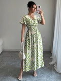 Amazon cross-border  summer new arrival: fresh seaside vacation style cami dress - fitted waist green leaf print dress