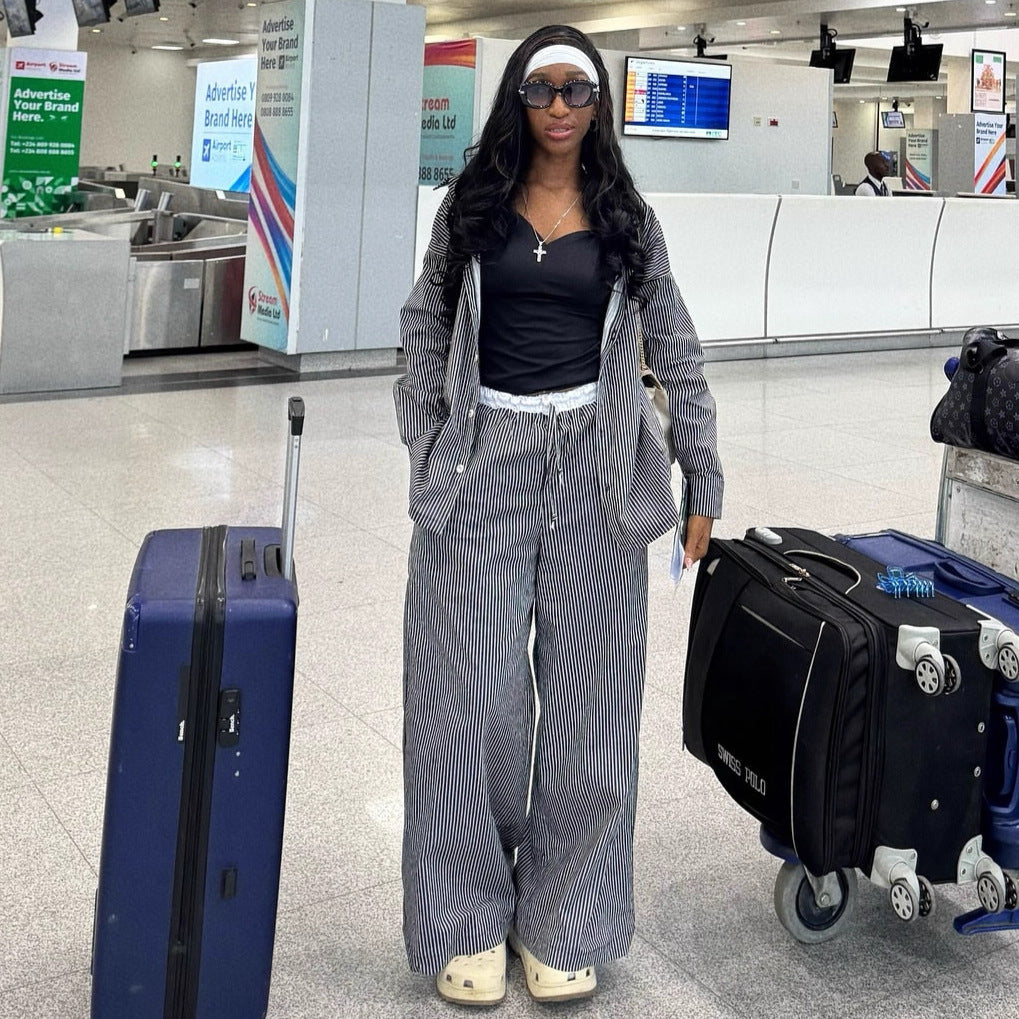 European and American large-size women's clothing casual fashion cardigan shirt African new elastic waist splicing striped trousers suit women