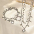 Stainless steel european and american style heart bead double layer necklace and bracelet set - premium women's jewelry