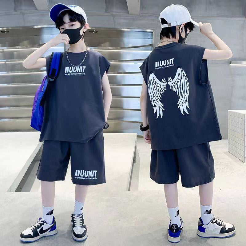 Boys' summer outfit set: boys' tank top and shorts set, casual sleeveless sports two-piece set for older boys and children