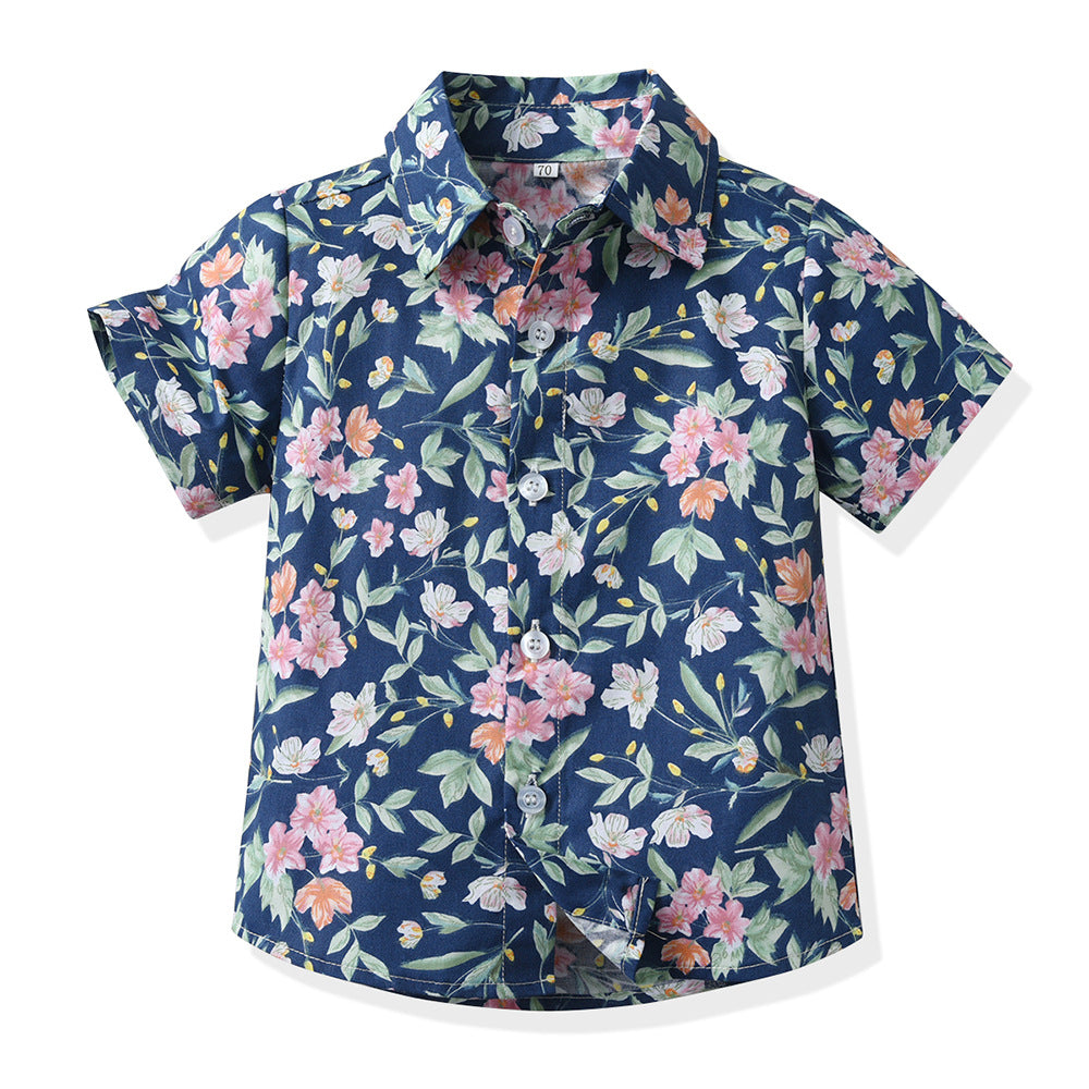European and american cross-border children's clothing: dad & son vacation outfit, family matching beach style short-sleeve boy's floral shirt
