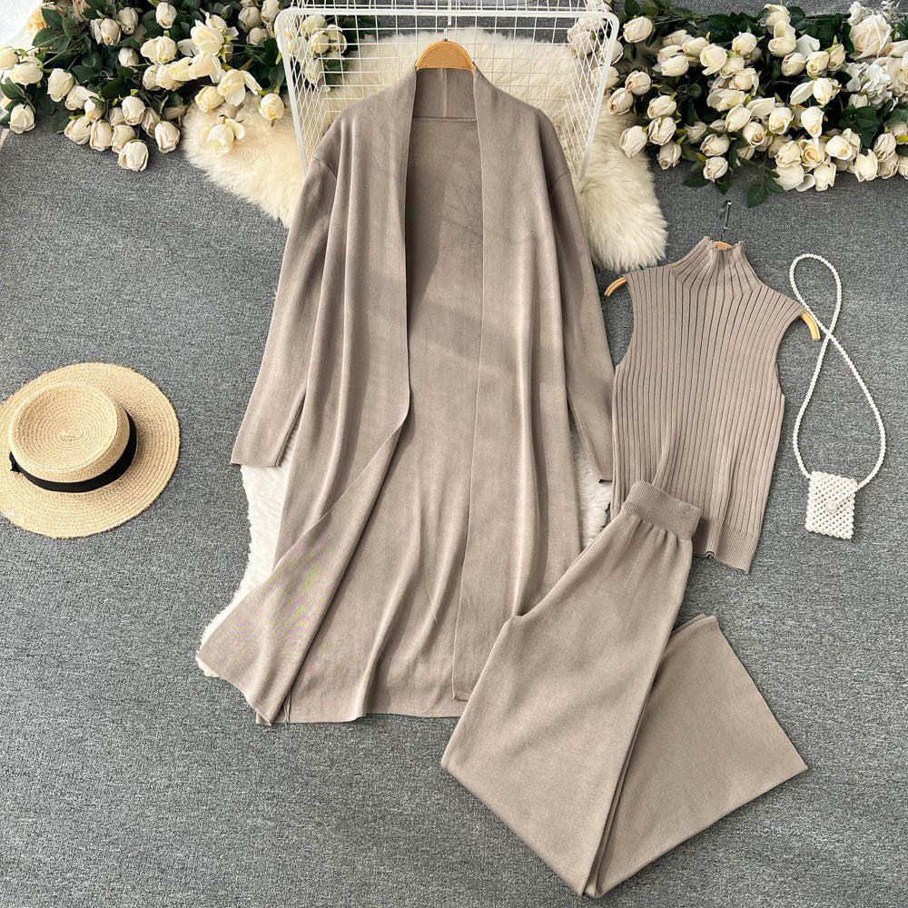 fashionloosecasualknittingsuit women's long shawl cardigan + turtleneck sweater + loose pants three-piece set