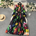 European and american retro court style design printed long dress with heavy pleating, puff sleeves, and pleated skirt - spring collection for women