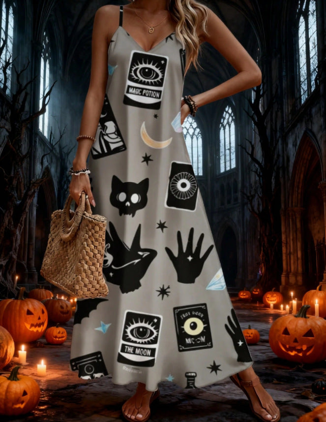 halloween pattern printing longdressv neckloose vacation suspender skirt