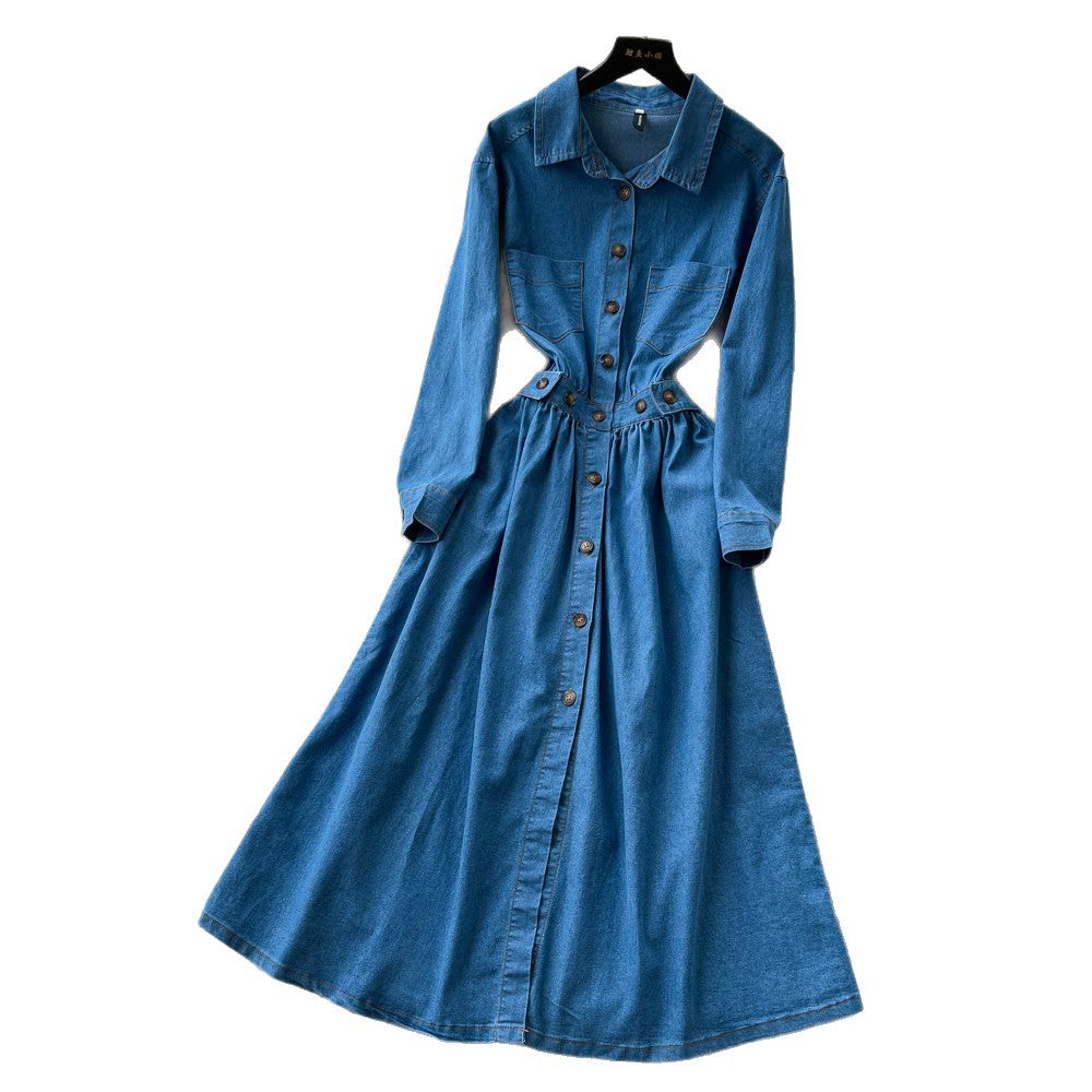 Commuting denim style lapel long sleevesdress women's summerk-style waist slimming look a-line skirt classyelegant skirt