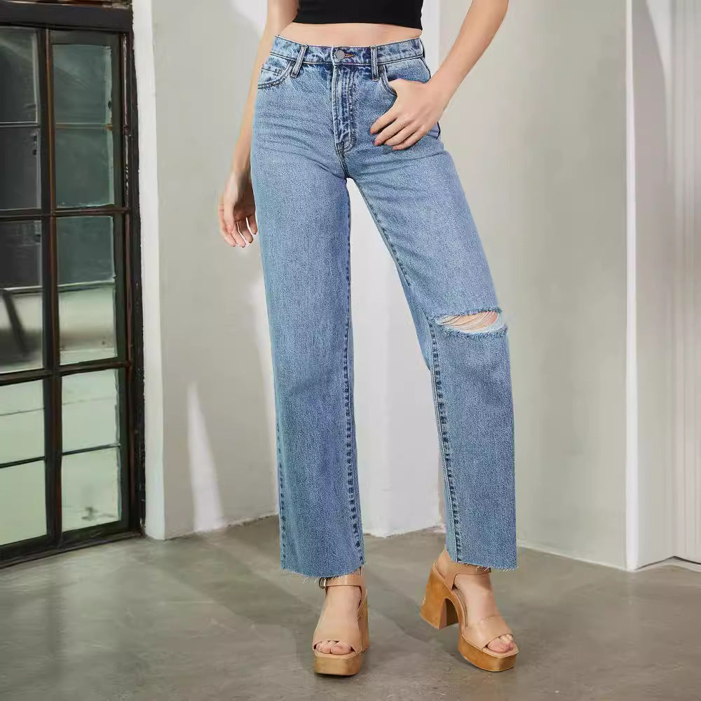 Fashion ripped jeans women's new independent station ripped raw edge wide leg pants high waist washed jeans