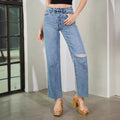 Fashion ripped jeans women's new independent station ripped raw edge wide leg pants high waist washed jeans