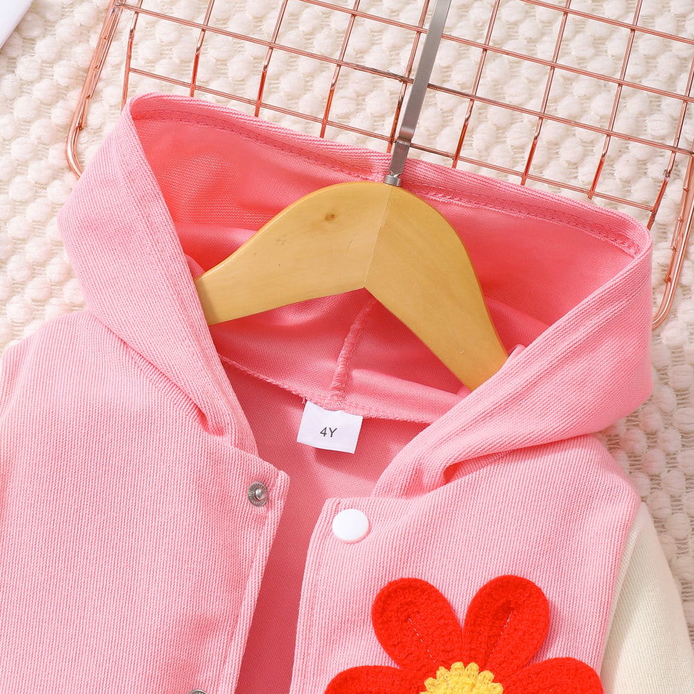 Two-piece set for young girls (elementary school age): 3d floral patchwork hooded long-sleeve sweatshirt set