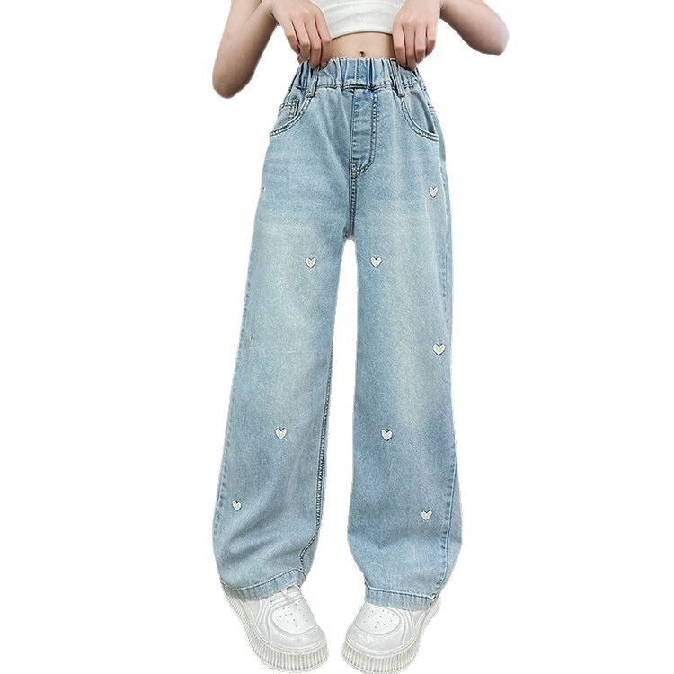 Girls' summer pants: lightweight tencel denim jeans,  new summer collection, straight-leg wide-leg trousers for girls and big girls
