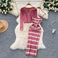 Feminine style outfit: 2025 new arrival - slim-fit striped knit camisole dress with long-sleeved cardigan jacket