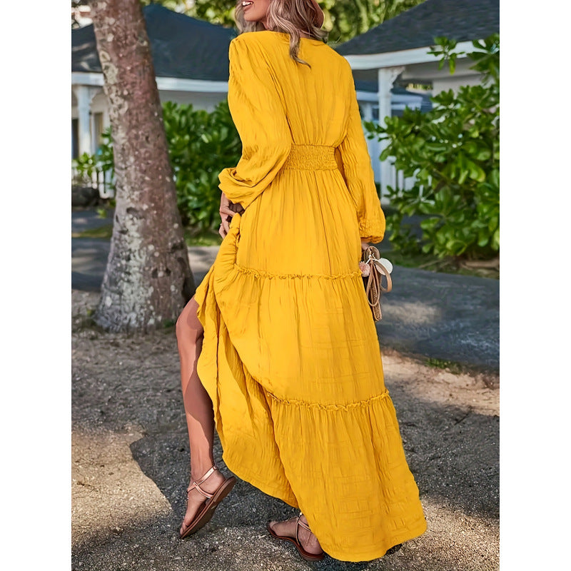 listing: new  women's original elegant elastic waist long sleeve solid color v-neck a-line dress