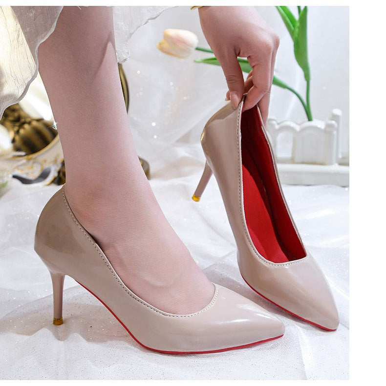 Red bottom black high heels women's stilettos 2024 spring and autumn new arrival patent leather pointed toe sexy professional work flats women