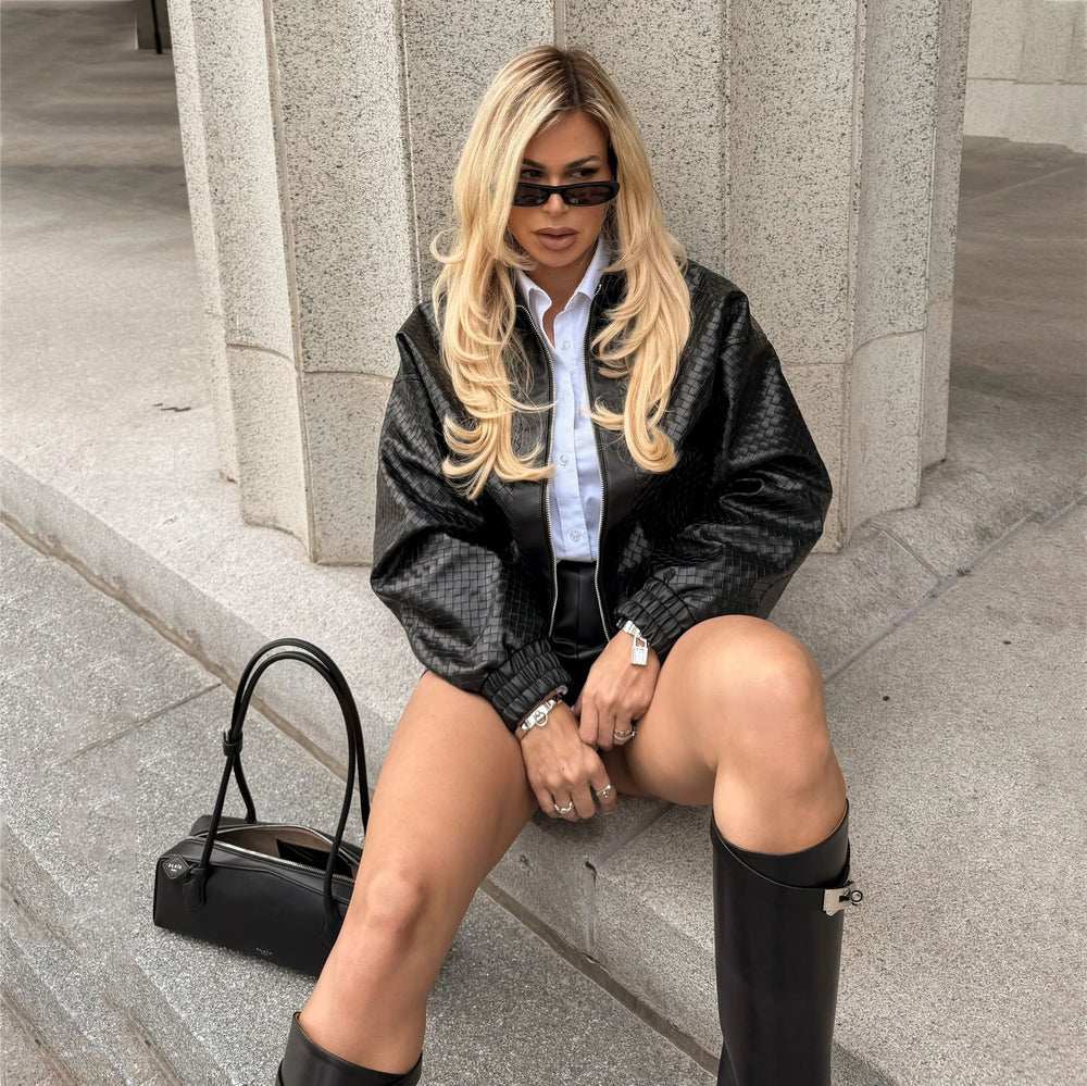 Best selling braided pattern pu leather jacket women's short lapel zipper motorcycle outwearfashionlooseexport women's top
