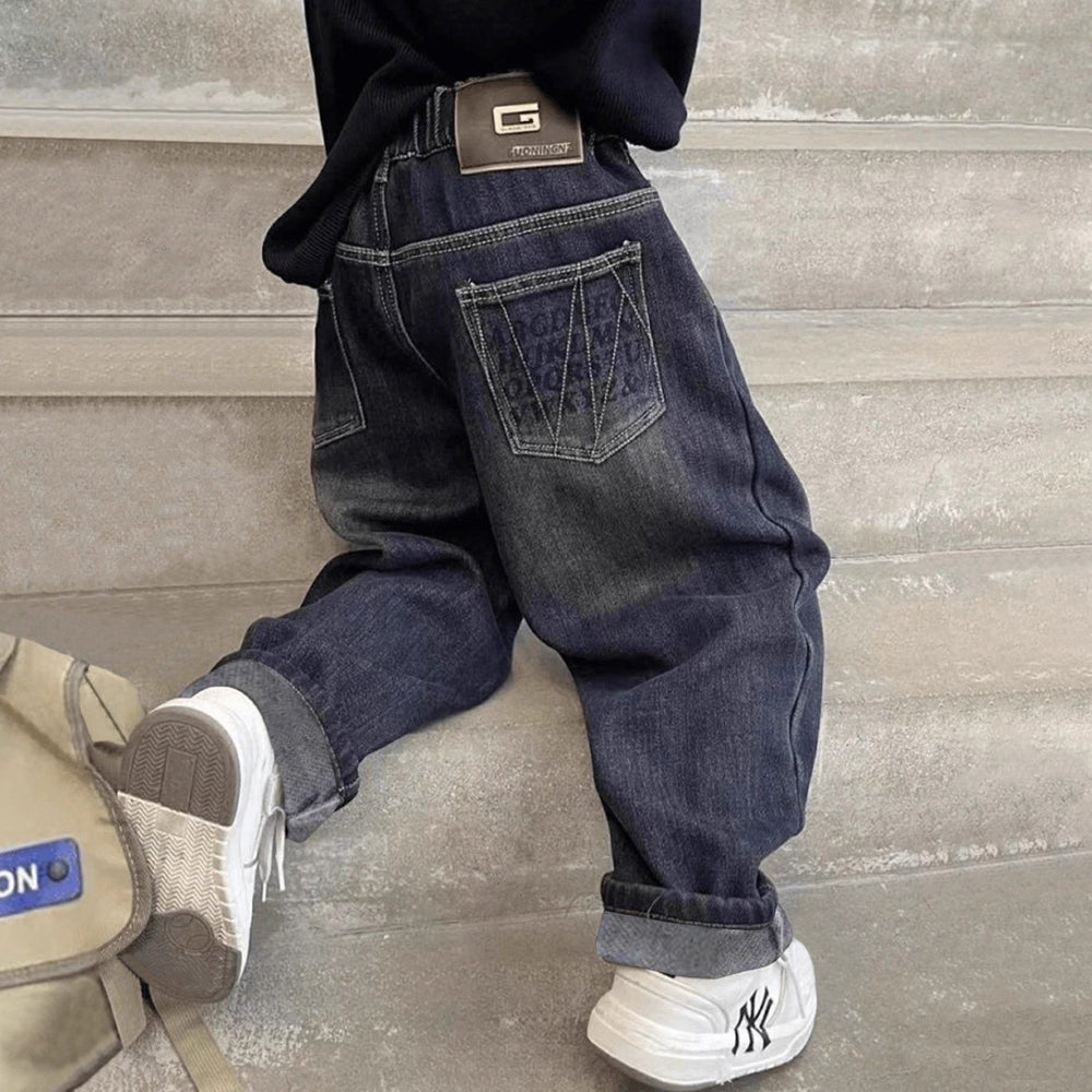 Boys' jeans spring collection - spring/autumn style  new arrival - mid-to-large size children's korean style fleece-lined thickened trousers