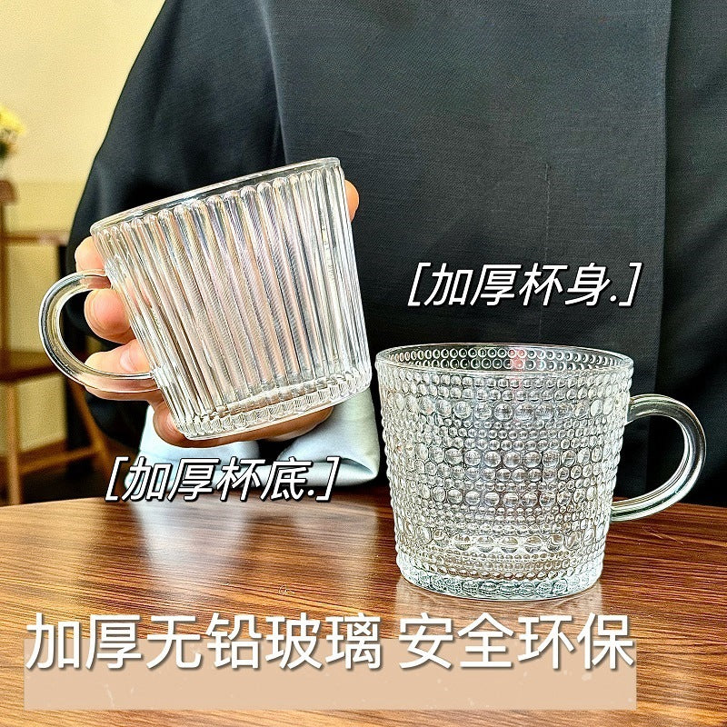 Ins glass cup with handle for home breakfast cup popular embossed water cup good-looking coffee cup souvenir cup