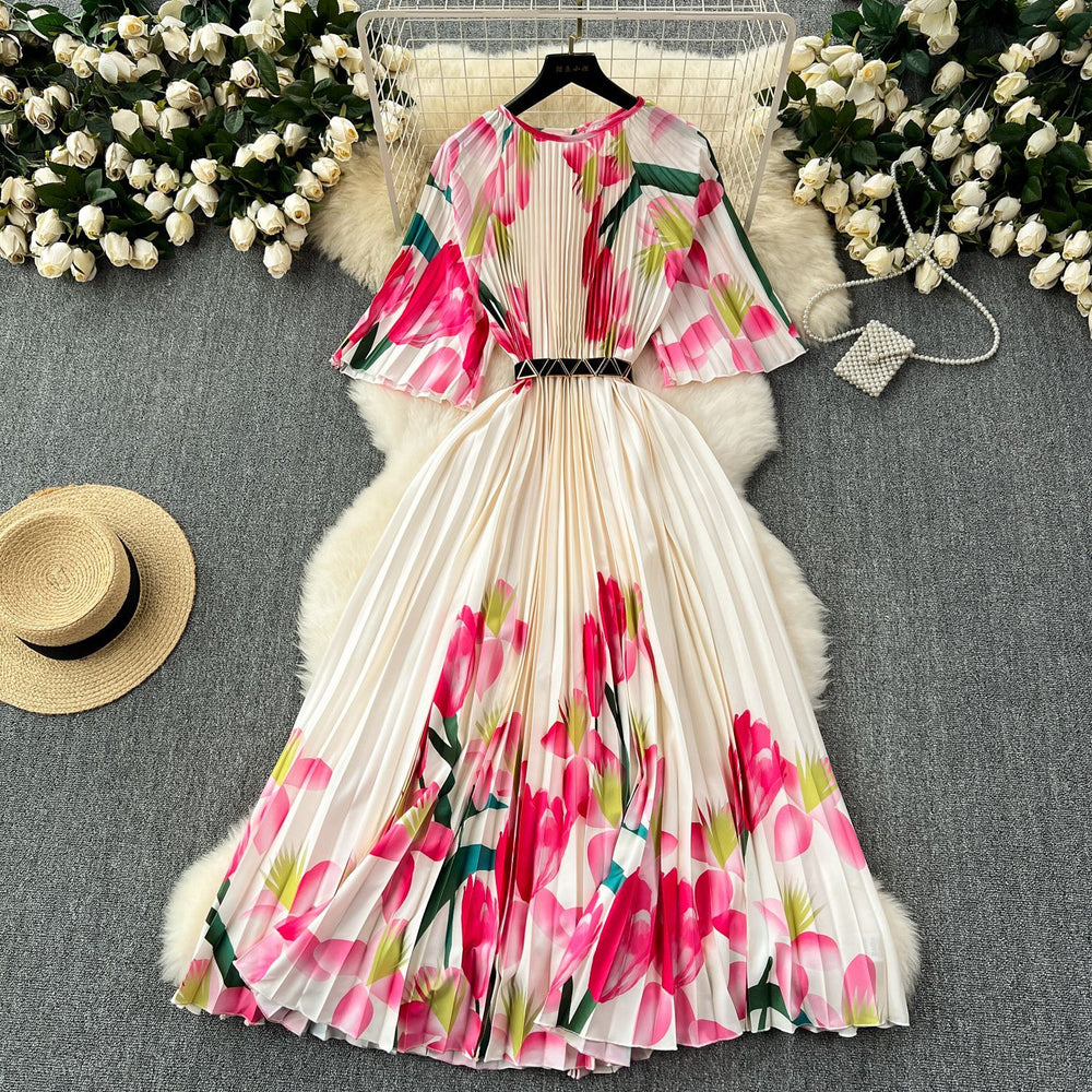 European and american retro court style design printed long dress with heavy pleating, puff sleeves, and pleated skirt - spring collection for women