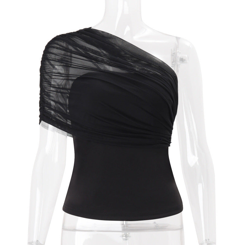 Amazon women's clothing  summer new sexy asymmetrical neck off-shoulder mesh panel solid color cinched waist see-through top