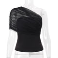 Amazon women's clothing  summer new sexy asymmetrical neck off-shoulder mesh panel solid color cinched waist see-through top